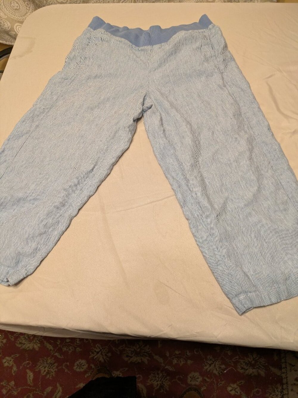 J. Jill Linen Cropped Pants Blue White Stripe Medium | Wide Leg Elastic Waist